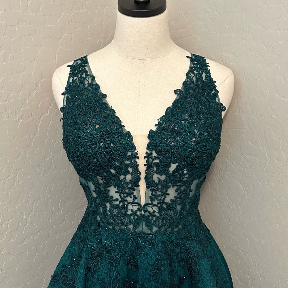 NEW JOVANI SZ 8 HUNTER GREEN NUDE ILLUSION FIT FLARE BEADED LACE FORMAL DRESS - Picture 3 of 14